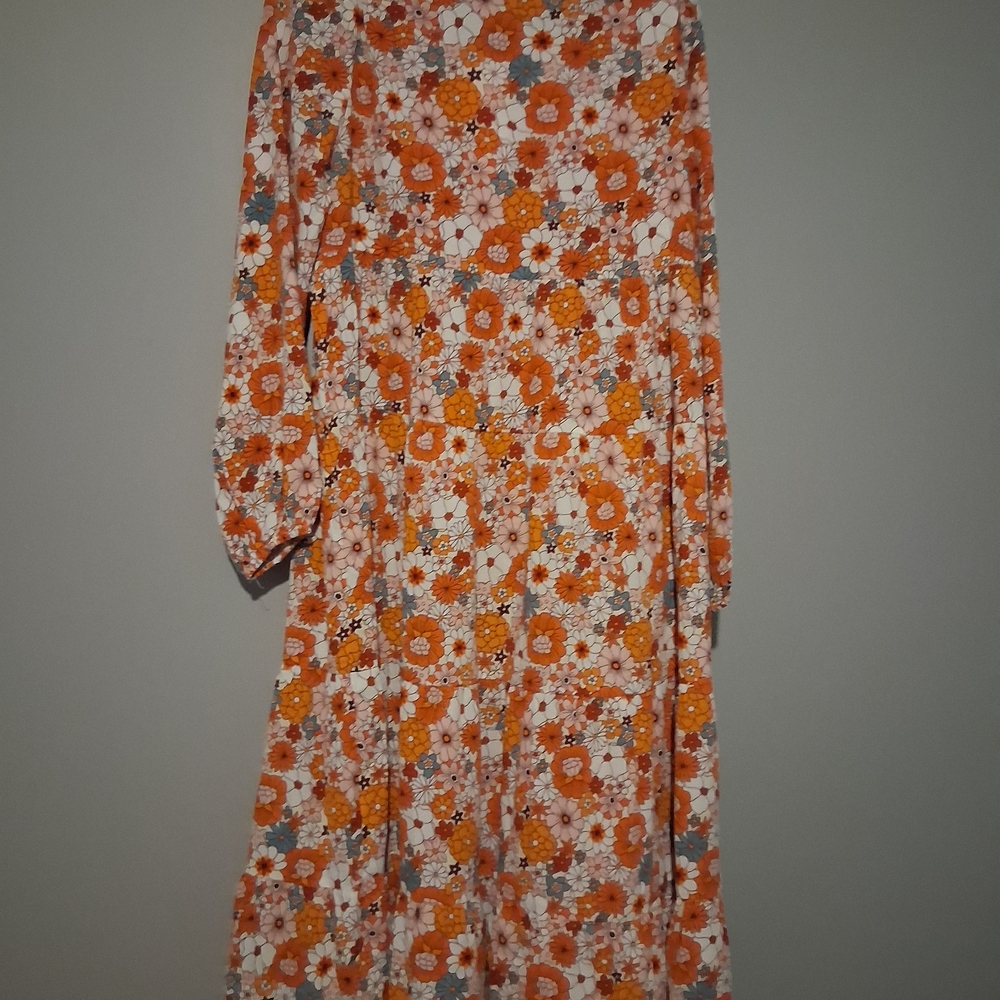 DOKOTOO- Floral Orange Midi Dress with Tiered Skirt - Picture 4 of 9